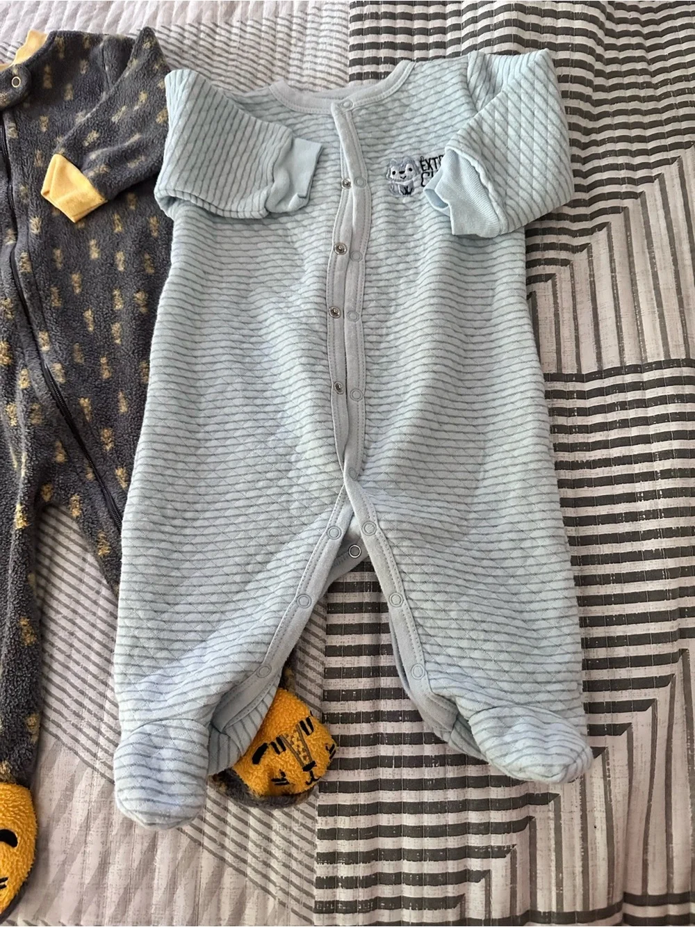 Rene Rofe Light Blue & Charcoal Footed Baby One-Pieces (Pair)